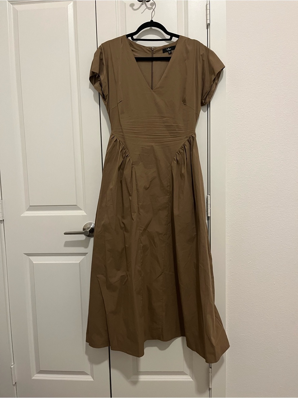 Tan V-Neck Midi Dress